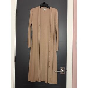 Virgo and Aster Women Tan Ribbed Longline Duster Cardigan Button Front Small